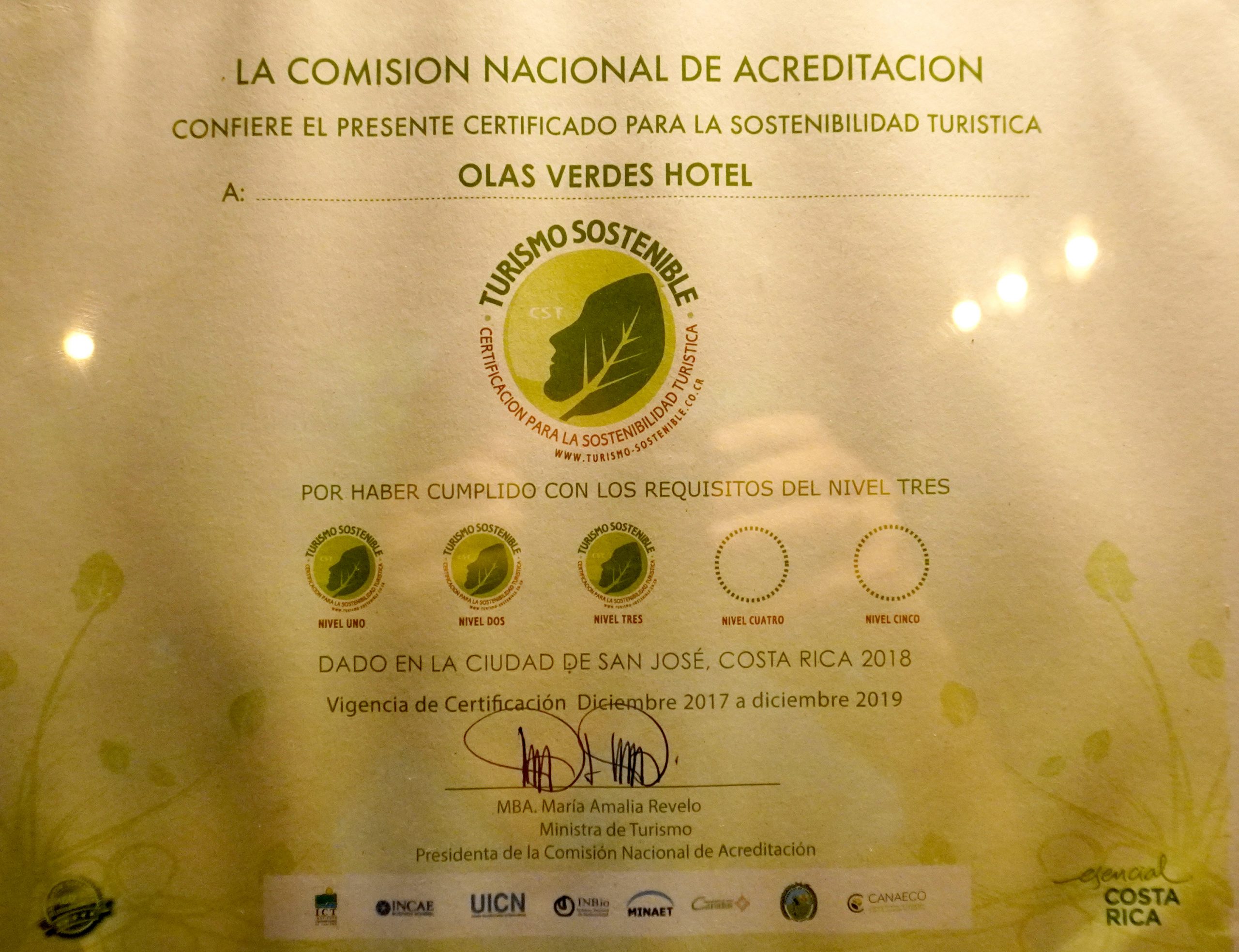 olas verdes certificates eco resort nosara